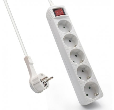 Ewent Regleta de 5 Tomas Schuko 16A - Proteccion Infantil - Interruptor On/Off - Cable de 1.5m - Enchufe Schuko Plano en Angulo - Interruptor On/Off - Color Blanco