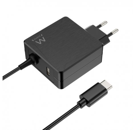Ewent Cargador de Pared USB-C de 65W - Power Delivery - USB-A Extra - Cable de 1.5m - Proteccion Electrica - Color Negro