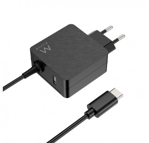 Ewent Cargador de Pared USB-C de 45W - Power Delivery - USB-A Extra - Cable de 1.5m - Proteccion Electrica - Color Negro