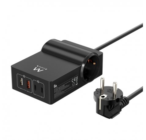 Ewent Cargador USB con 2 Tomas de Corriente Tipo Schuko 16A - 65W GaN - 2x USB-A - 2x USB-C - Cable de 1.5m - Proteccion Infantil - Proteccion contra Sobrecorriente y Sobretensiones - Color Negro