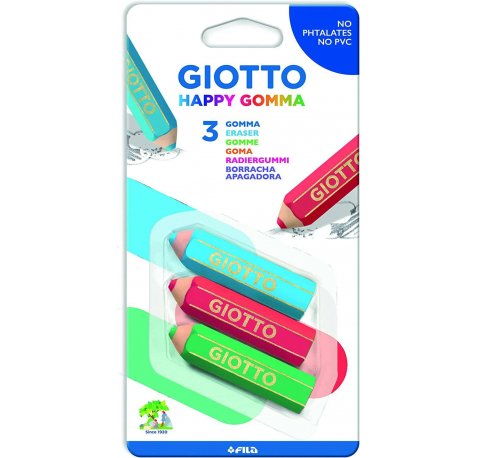 Giotto Happy Goma Pack de 3 Gomas de Borrar - Plastico - Colores Surtidos