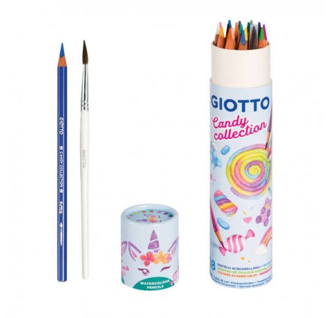 Giotto Candy Collection Acquarell Bote de 18 Lapices de Colores Acuarelables Hexagonales + Pincel - Colores Surtidos