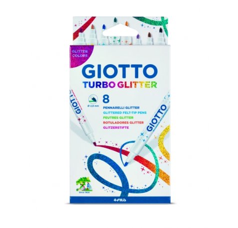 Giotto Turbo Glitter Pack de 8 Rotuladores con Tinta de Purpurina - Punta Fina 2.8mm - Colores Surtidos