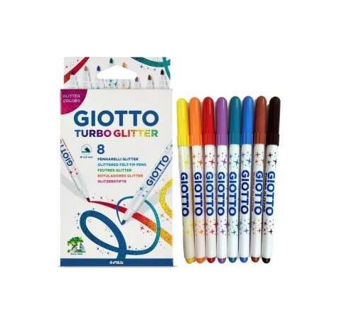 Giotto Turbo Glitter Pack de 8 Rotuladores - Punta Fina 2.8mm - Tinta al Agua - Lavable - Colores Surtidos
