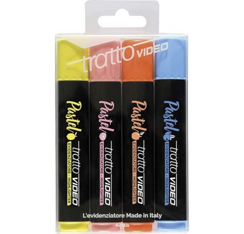 Tratto Video Pastel Pack de 4 Marcadores Fluorescentes - Punta Biselada - Tinta al Agua - Secado Rapido - Colores Surtidos