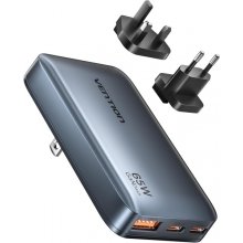 Vention Cargador de Pared - Ultra Slim - 65W - GaN - Enchufes EU y UK Intercambiables - 2xUSB-C - USB-A - Carga Rapida - Color Gris