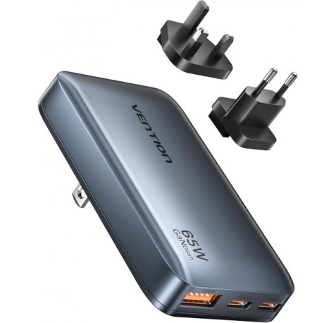 Vention Cargador de Pared - Ultra Slim - 65W - GaN - Enchufes EU y UK Intercambiables - 2xUSB-C - USB-A - Carga Rapida - Color Gris