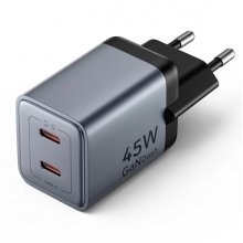 Vention Cargador de Pared - 45W - GaN - 2xUSB-C - Power Delivery 3.0 - Qualcomm 3.0 - Carga Rapida - Color Gris