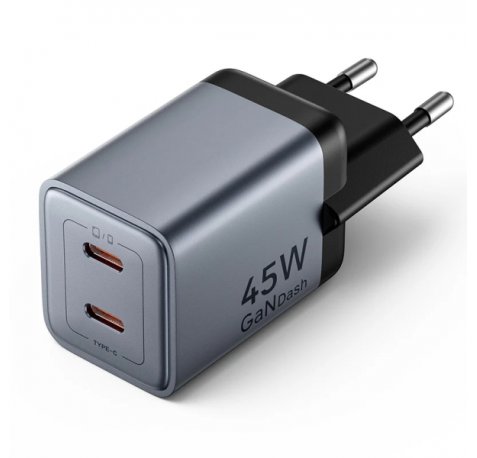 Vention Cargador de Pared - 45W - GaN - 2xUSB-C - Power Delivery 3.0 - Qualcomm 3.0 - Carga Rapida - Color Gris