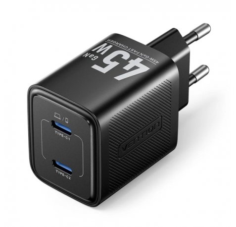Vention Cargador de Pared - 45W - GaN - 2xUSB-C - Power Delivery 3.0 - Qualcomm 3.0 - Carga Rapida - Color Negro