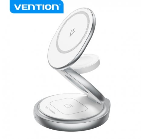 Vention Soporte de Cargador Inalambrico 3 en 1 con MagSafe - Carga Rapida - Rotacion 360° - Proteccion de Ocho Capas - Color Blanco