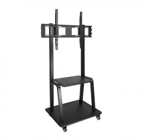Tooq Soporte de Pantalla de Suelo con Ruedas 37"-100" - Bloqueo de Ruedas - Dos Estantes - Peso Max 150Kg - VESA 800X600mm - Color Negro