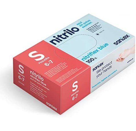 Santex Nitriflex Blue Pack de 100 Guantes de Nitrilo para Examen Talla S - Sin Polvo - Libre de Latex - Ambidiestros - No Esteriles - Color Azul
