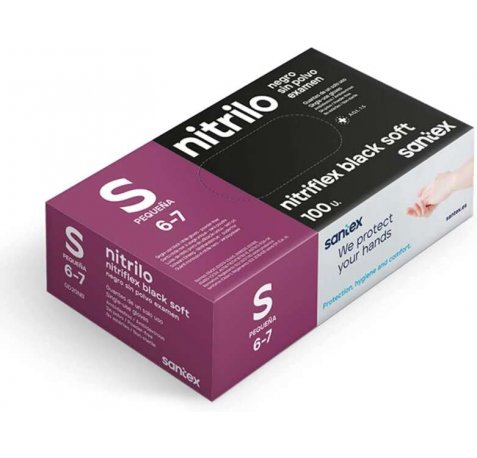 Santex Nitriflex Black Soft Pack de 100 Guantes de Nitrilo para Examen Talla S - Sin Polvo - Libre de Latex - Ambidiestros - No Esteriles - Color Negro