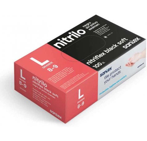 Santex Nitriflex Black Soft Pack de 100 Guantes de Nitrilo para Examen Talla L - Sin Polvo - Libre de Latex - Ambidiestros - No Esteriles - Color Negro