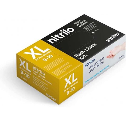 Santex Flash Black Pack de 100 Guantes de Nitrilo Talla XL - Sin Polvo - Libre de Latex - Ambidiestros - No Esteriles - Color Negro