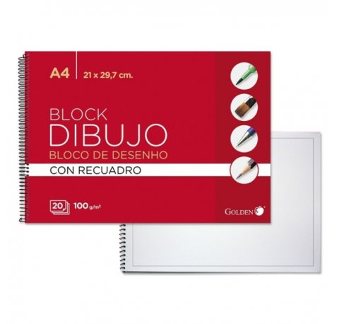 Golden Cuaderno de Dibujo Espiral A4 20 Hojas con Recuadro Interior - Papel de 100gr
