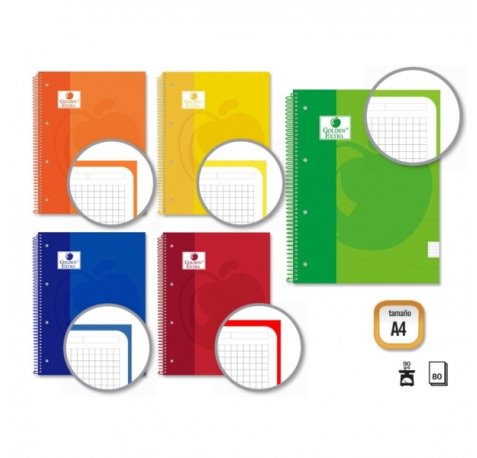 Golden Extra Cuaderno Espiral A4 80 Hojas 90grs Cuadricula 5x5 - Hojas Microperforadas con Banda de Color - Tapa Extradura Forrada - Colores Surtidos (5 uds)
