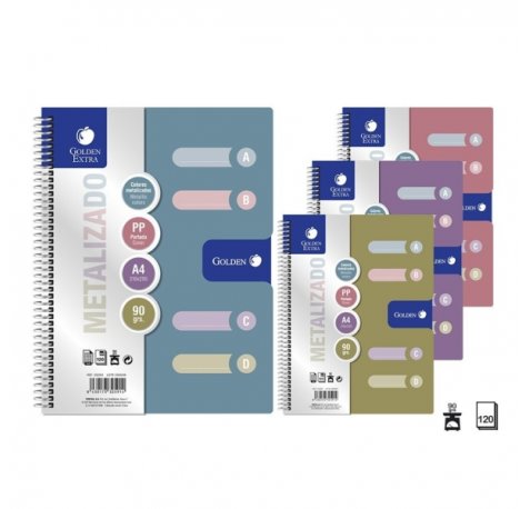Golden Pack de 6 Cuadernos A4 120 Hojas 90gr Cuadricula 5x5 - Tapa Polipropileno - Colores Metalizados Surtidos