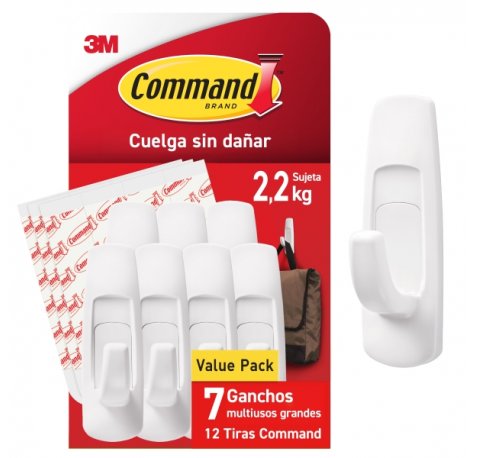 Command Pack de 7 Ganchos Grandes - 12 Tiras Adhesivas - Soporta hasta 2.2kg - Color Blanco