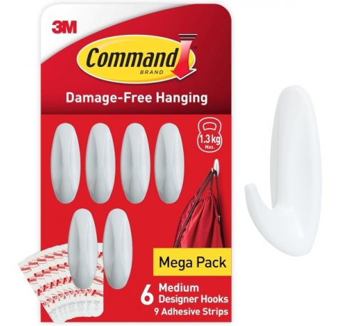 Command Pack de 6 Ganchos de DiseÃ±o Medianos - 9 Tiras Adhesivas - Soportan hasta 1.3kg - Color Blanco
