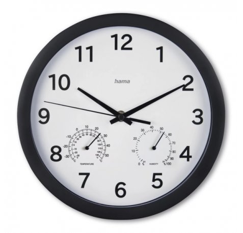 Hama Malta Reloj de Pared Analogico - Termometro - Higrometro - Silencioso - Funciona con 1 Pila AA - 25x4cm - Color Negro
