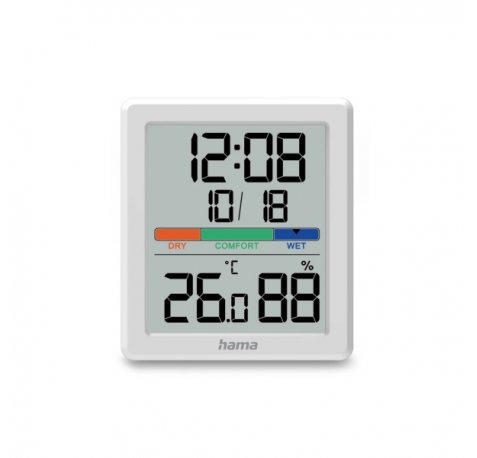 Hama Paros Medidor de Temperatura y Humedad para Interior - Pantalla Digital - Reloj - Precision 1ÂºC - Indicador de Confort - Permite Colgar en Pared - 8.5x1.8x9.5cm - Color Blanco