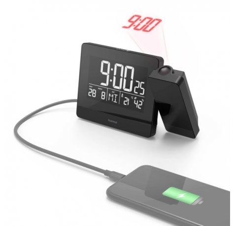 Hama Plus Charge Reloj Despertador Digital con Proyector - Termometro - Higrometro - Funcion de Carga USB-A - Radio - 15x4.5x9.5cm - Color Negro