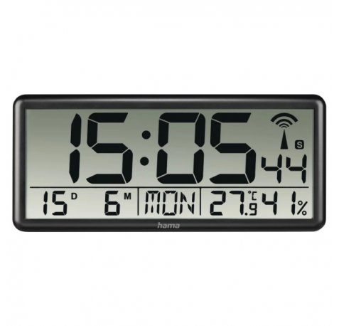 Hama Jumbo Reloj de Pared Digital - Termometro - Higrometro - Zona Horaria Ajustable - Radio - 36x16x3cm - Color Negro