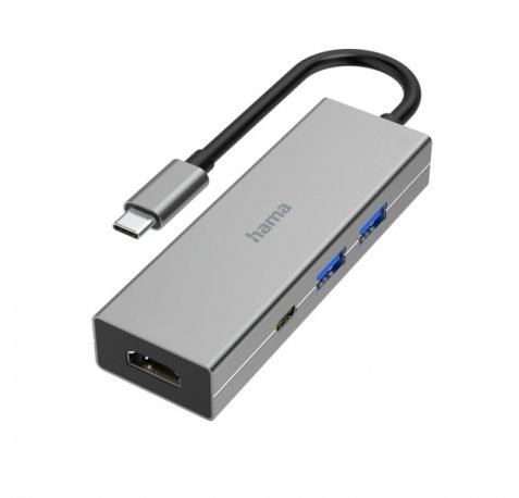 Hama Essential Hub USB 3.2 - Potencia Maxima 100W - Cable USB-C Integrado de 15cm - HDMI 4K - USB-C - 2x USB-A - Power Delivery - Color Gris