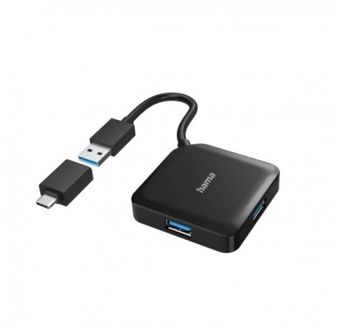 Hama Essential Hub USB 3.2 - Cable USB-A Integrado de 15cm - Adapatador USB-C - 4x USB-A - Color Negro