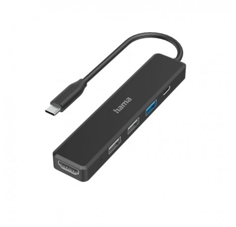 Hama Entry Hub USB 2.0/3.2 - Potencia Maxima 100W - Cable USB-C Integrado de 15cm - HDMI 4K - 3x USB-A - USB-C - Power Delivery - Color Negro