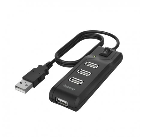Hama Essential Hub USB 2.0 - Cable USB-A Integrado de 1.8m - 4x USB-A - Color Negro