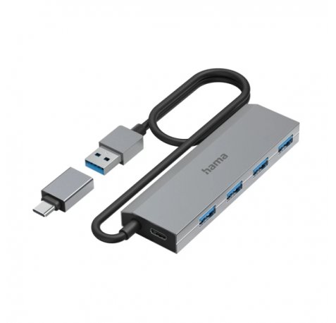 Hama Essential Hub USB 3.2 - Cable USB-A Integrado de 1m - Adapatador USB-C - 4x USB-A - Color Gris