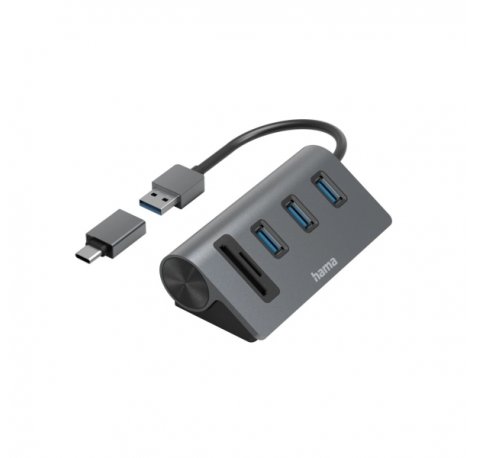 Hama Essential Hub USB 3.2 - Cable USB-A Integrado - Adapatador USB-C - Tarjeta SD - Tarjeta Micro-SD - 3x USB-A - Color Negro y Gris