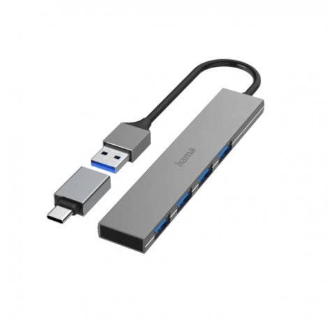 Hama Prime Hub USB 3.2 - Cable USB-A Integrado de 15cm - USB-A Hembra x4 - Adaptador USB-A a USB-C - 10.7x2.1x0.7cm - Color Gris