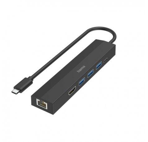Hama Entry Hub USB 3.2 - Potencia Maxima 100W - Cable USB-C Integrado de 15cm - LAN Ethernet 1Gbps - HDMI 4K - 3x USB-A - USB-C - Power Delivery - Color Negro