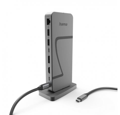Hama Essential Hub USB 2.0/3.2 - Potencia Maxima 140W - Cable USB-C de 40cm - LAN Ethernet 2.5Gbps - DisplayPort 8K - HDMI 4K - 3x USB-C - 4x USB-A - Color Gris
