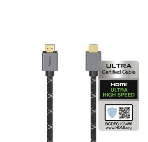 Hama Prime Cable HDMI 8K Macho - Certificado - Longitud 2m- Soporta eARC - Terminales Chapados en Oro - Ethernet - Velocidad hasta 48Gbps - Doble Blindaje - Color Negro y Gris