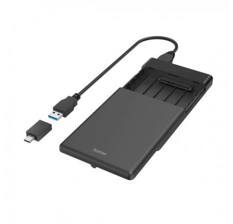 Hama Essential Carcasa Externa para Ssd y HDD de 2.5" - Cable USB-A de 50cm - Velocidad hasta 5Gbps - Adaptador USB-C - 13.3x8.7x1.6cm - Color Negro