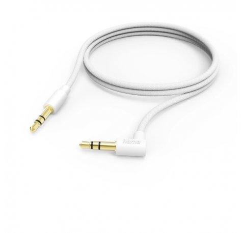 Hama Cable de Audio Acodado 90Âº - Jack 3.5mm Macho - Longitud 0.5m - Estereo - Contactos Chapados en Oro - Color Blanco