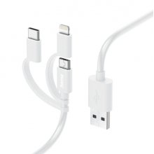 Hama Cable de Carga USB 3 en 1 - Terminales Intercambiables - Longitud 1m- USB-A - USB-C - Micro-USB - Lightning - Velocidad hasta 480Mbps - Niquelado - Color Blanco