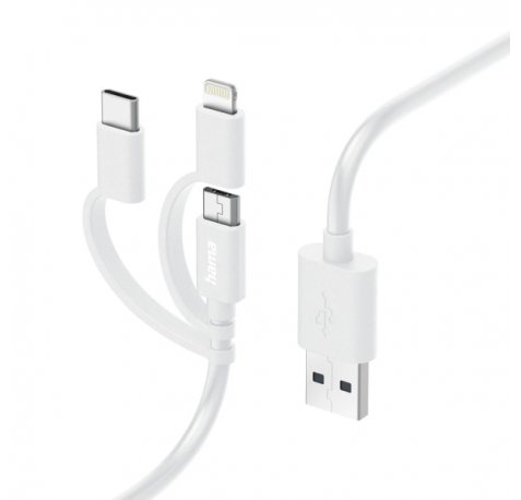 Hama Cable de Carga USB 3 en 1 - Terminales Intercambiables - Longitud 1m- USB-A - USB-C - Micro-USB - Lightning - Velocidad hasta 480Mbps - Niquelado - Color Blanco