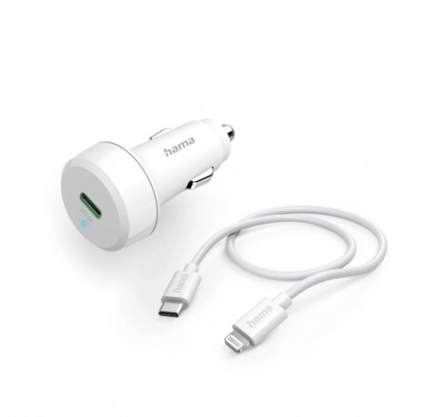 Hama Cargador de Coche 20W - Cable Lightning de 1m - Pantalla LED - Power Delivery - Color Blanco