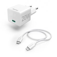 Hama Cargador de Pared - Potencia 20W - USB-C Hembra - Cable de 1m USB-C Macho a Lightning Macho - Power Delivery - Color Blanco
