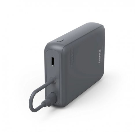 Hama Travel Bateria Externa Powerbank 10000mAh - Polimero de Litio - USB-C - Cable Integrado - Carga Rapida - 2 Conexiones de Salida - 23.5x90x63.2mm - Color Gris