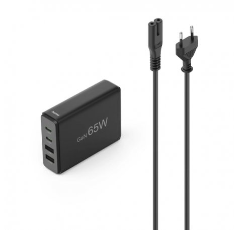 Hama Estacion de Carga USB - Potencia 65W - 2x USB-C - Cable 1.5cm - Power Delivery - Qualcomm - GaN - Color Negro