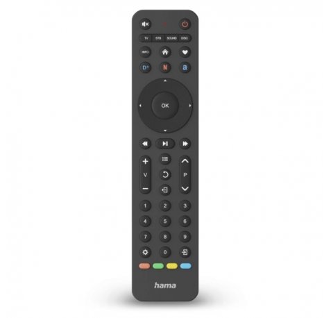 Hama Mando a Distancia para TV - Universal - Alcance 10m - 43 Botones - Acceso Directo a Plataformas de Streaming - Permite 4 Dispositivos Simultaneos - 20.2x4.7x2.1cm - Color Negro