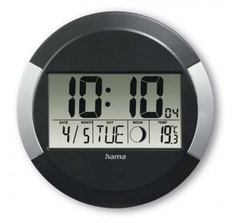 Hama Ischia Reloj de Pared Digital - Termometro - Visualizacion de Fases Lunares - Zona Horaria Ajustable - Radio - 24.5x1.5cm - Color Negro y Plata