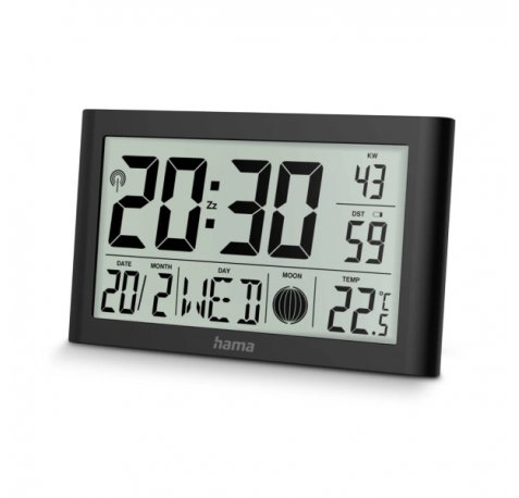 Hama Martinique Reloj de Pared Digital - Termometro - Visualizacion de Fases Lunares - Zona Horaria Ajustable - Radio - 20x12x2.6cm - Color Negro